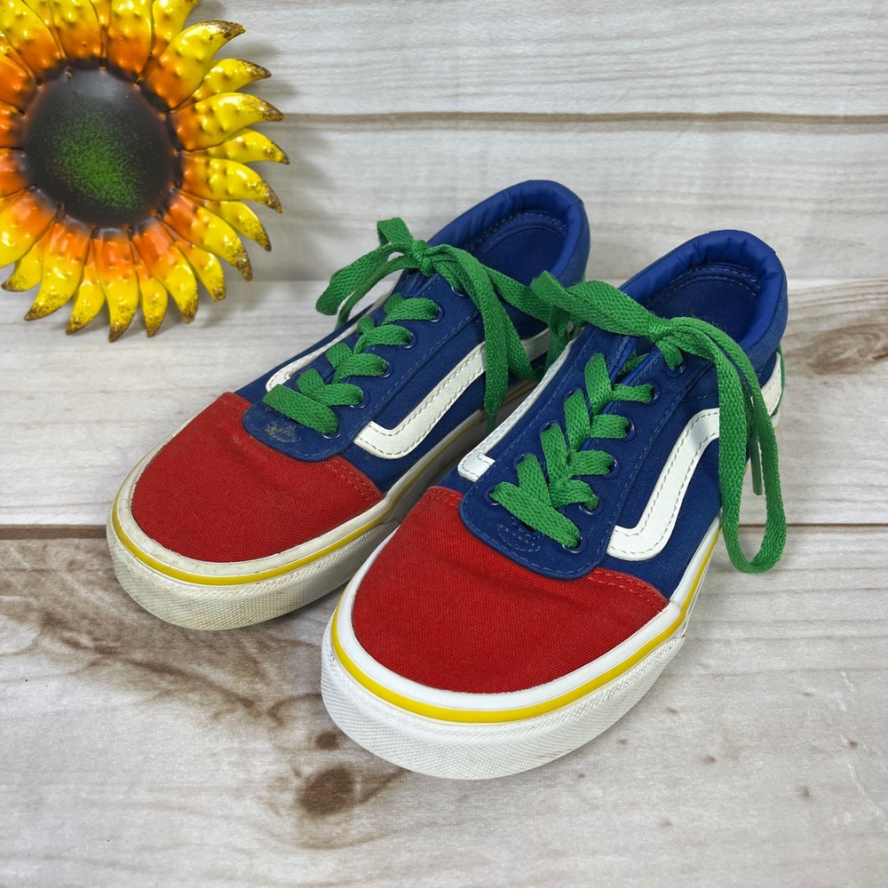 Vans Old Skool‎ Youth Skate Shoes Red Blue Green White Lace Up Low Top